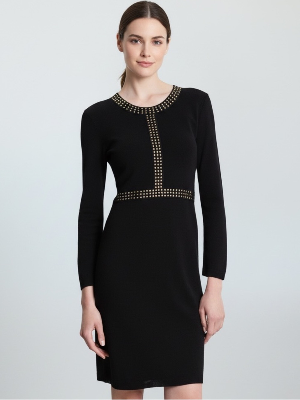Misook Black Gold Stud Sheath Dress Long Sleeve NWT M